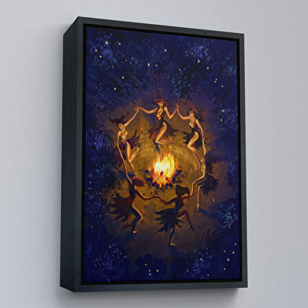 Kahverengi Çerçeveli Şabat Ayini Yapan Cadıların Ateş Etrafındaki Dans Tablosu