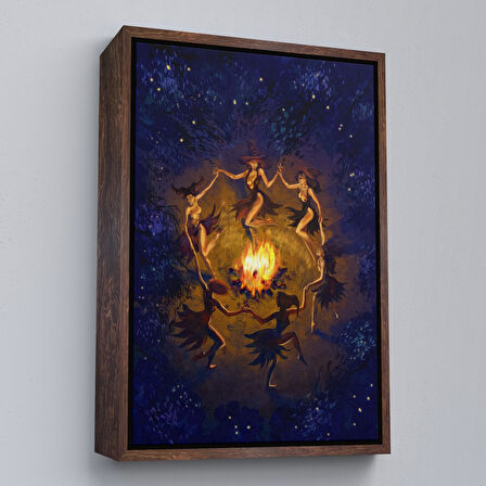 Siyah Çerçeveli Şabat Ayini Yapan Cadıların Ateş Etrafındaki Dans Tablosu