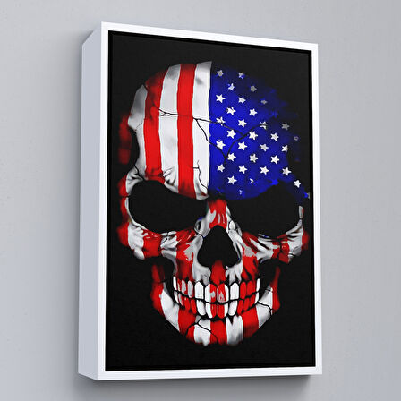 Beyaz Çerçeveli Amerika Bayrağı ve Kurukafa Dekoratif Duvar Tablosu