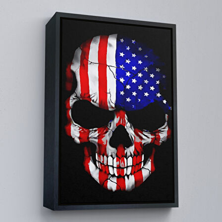 Beyaz Çerçeveli Amerika Bayrağı ve Kurukafa Dekoratif Duvar Tablosu
