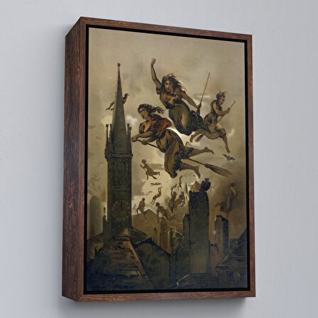 Altın Çerçeveli Kasabanın Üzerinde Uçan Çadılar Tablosu, Witches Halloween