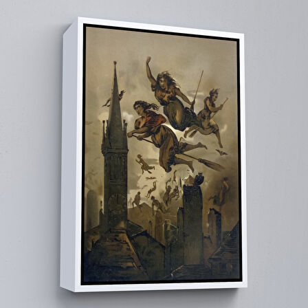 Siyah Çerçeveli Kasabanın Üzerinde Uçan Çadılar Tablosu, Witches Halloween