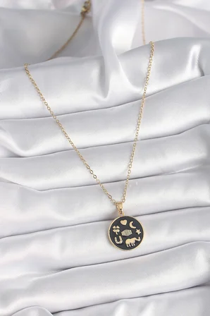 316L Çelik Gold Renk Siyah Şans Kolyesi 5886
