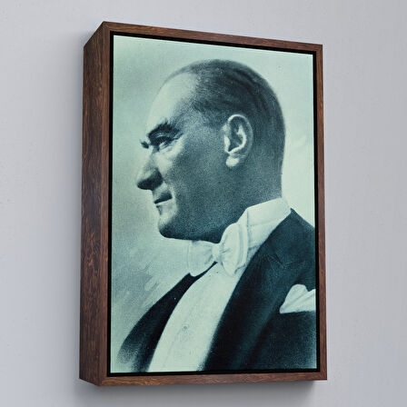 Kahverengi Çerçeveli Atatürk Portre Tablosu Mustafa Kemal Atatürk Dikdörtgen Dekoratif Kanvas Tablo