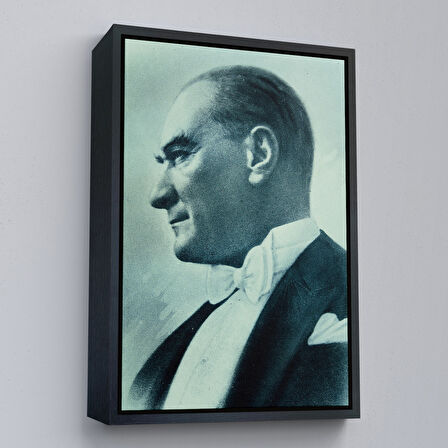 Kahverengi Çerçeveli Atatürk Portre Tablosu Mustafa Kemal Atatürk Dikdörtgen Dekoratif Kanvas Tablo