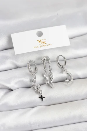 Pirinç Gümüş Renk Zirkon Taşlı Uzay Model YSX Trio Küpe Seti 5886