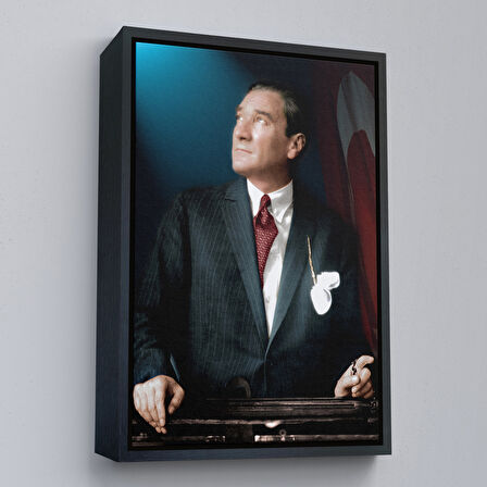Beyaz Çerçeveli Atatürk Portre Tablosu Mustafa Kemal Atatürk Dikdörtgen Dekoratif Kanvas Tablo