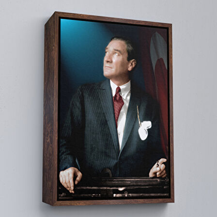 Kahverengi Çerçeveli Atatürk Portre Tablosu Mustafa Kemal Atatürk Dikdörtgen Dekoratif Kanvas Tablo