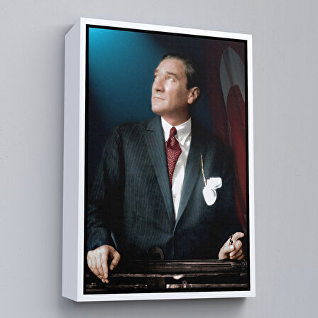 Beyaz Çerçeveli Atatürk Portre Tablosu Mustafa Kemal Atatürk Dikdörtgen Dekoratif Kanvas Tablo