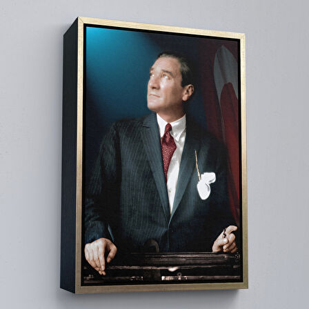 Beyaz Çerçeveli Atatürk Portre Tablosu Mustafa Kemal Atatürk Dikdörtgen Dekoratif Kanvas Tablo