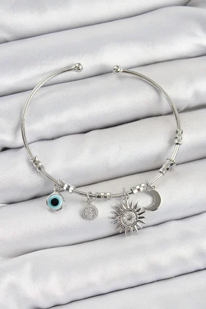 Pirinç Zirkon Taşlı Güneş Ay Ve Nazar Model Gümüş Renk Charm Bileklik 5886