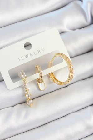 Pirinç Zirkon Taşlı Sallantılı Model Gold Renk 3'lü Çift Kadın Küpe Set 5886