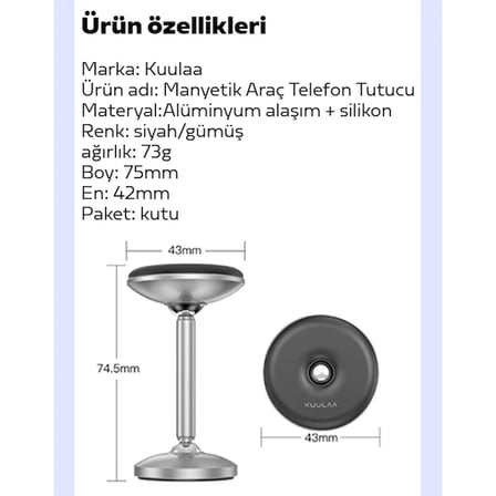 KUULAA Güçlü Mıknatıslı Manyetik Standlı Cep Telefon Araç Tutucu-(5775) — Renk: Siyah