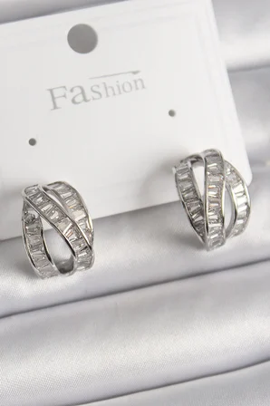 Pirinç Gümüş Renk Zirkon Taşlı Düğüm Halka Model Kadın Küpe 5886