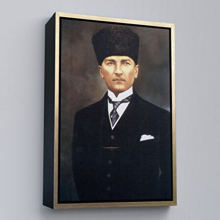 Kahverengi Çerçeveli Atatürk Portre Tablosu Mustafa Kemal Atatürk Dikdörtgen Dekoratif Kanvas Tablo