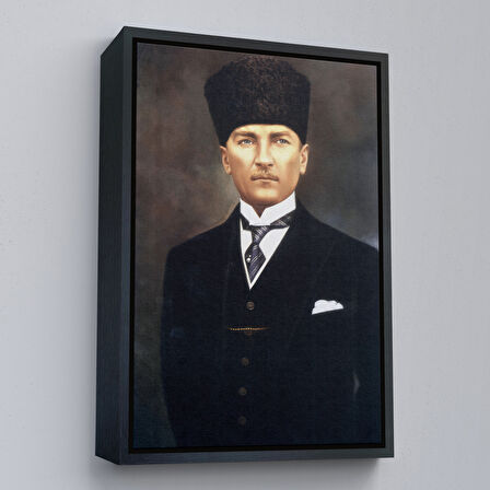 Kahverengi Çerçeveli Atatürk Portre Tablosu Mustafa Kemal Atatürk Dikdörtgen Dekoratif Kanvas Tablo