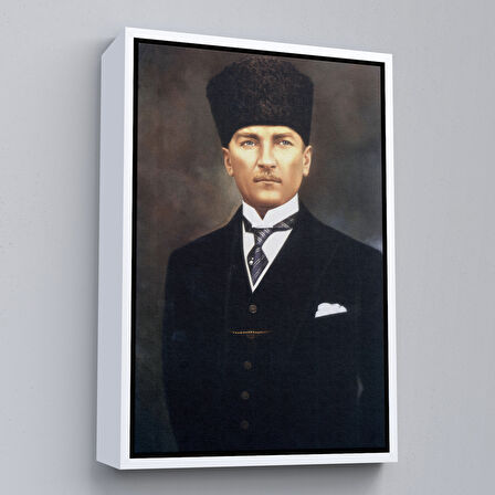 Kahverengi Çerçeveli Atatürk Portre Tablosu Mustafa Kemal Atatürk Dikdörtgen Dekoratif Kanvas Tablo