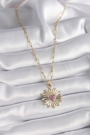 316L Çelik Gold Renk Pembe Zirkon Taşlı Kalp İşleme Madalyon Model Kadın Kolye 5886