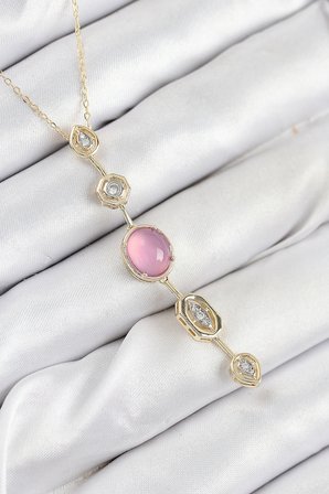 Pirinç Zincir Pembe Gold Renk Zirkon Taşlı Y Kolye 5886