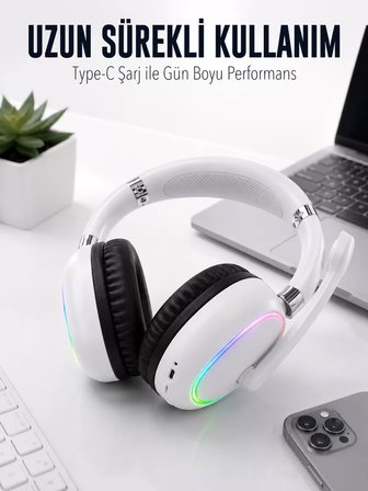 Beyaz Bluetooth 5.0 Mikrofonlu Kablosuz Kulak Üstü Kulaklık RGB Işıklı Type-C Şarjlı