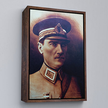 Kahverengi Çerçeveli Atatürk Portre Tablosu Mustafa Kemal Atatürk Dikdörtgen Dekoratif Kanvas Tablo