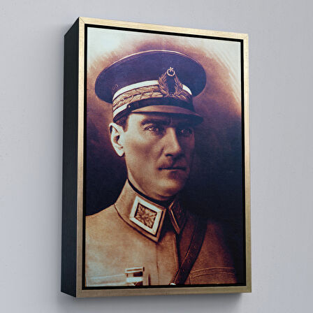 Kahverengi Çerçeveli Atatürk Portre Tablosu Mustafa Kemal Atatürk Dikdörtgen Dekoratif Kanvas Tablo