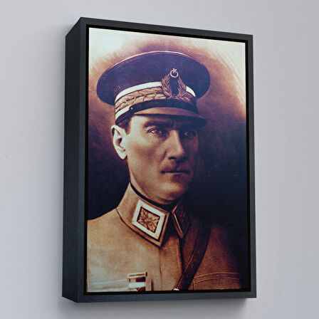 Kahverengi Çerçeveli Atatürk Portre Tablosu Mustafa Kemal Atatürk Dikdörtgen Dekoratif Kanvas Tablo