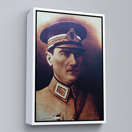 Kahverengi Çerçeveli Atatürk Portre Tablosu Mustafa Kemal Atatürk Dikdörtgen Dekoratif Kanvas Tablo