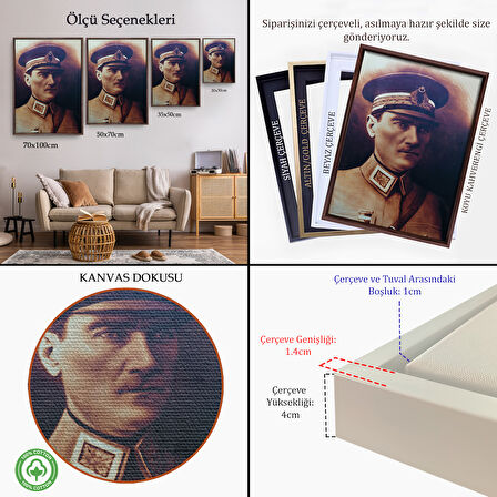 Siyah Çerçeveli Atatürk Portre Tablosu Mustafa Kemal Atatürk Dikdörtgen Dekoratif Kanvas Tablo
