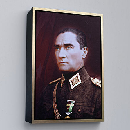 Beyaz Çerçeveli Atatürk Portre Tablosu Mustafa Kemal Atatürk Dikdörtgen Dekoratif Kanvas Tablo