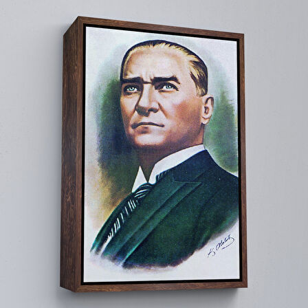 Kahverengi Çerçeveli Atatürk Portre Tablosu Mustafa Kemal Atatürk Dikdörtgen Dekoratif Kanvas Tablo