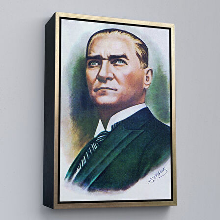 Kahverengi Çerçeveli Atatürk Portre Tablosu Mustafa Kemal Atatürk Dikdörtgen Dekoratif Kanvas Tablo