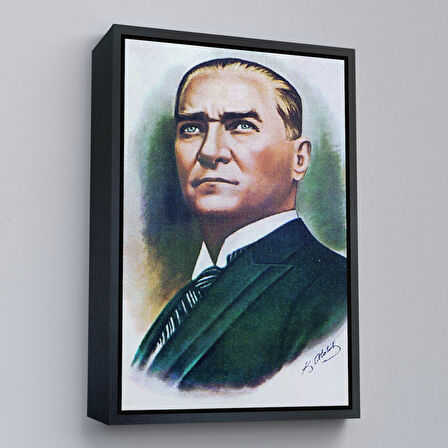 Kahverengi Çerçeveli Atatürk Portre Tablosu Mustafa Kemal Atatürk Dikdörtgen Dekoratif Kanvas Tablo