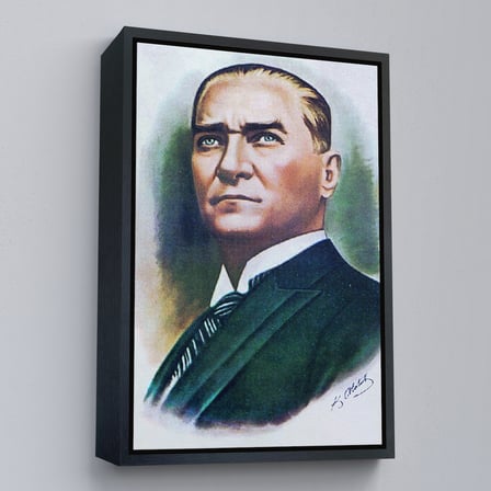 Kahverengi Çerçeveli Atatürk Portre Tablosu Mustafa Kemal Atatürk Dikdörtgen Dekoratif Kanvas Tablo
