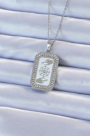 316L Çelik Zincir Gümüş Renk Mineli Zirkon Taşlı Göz Figür Tarot Kolye 5886