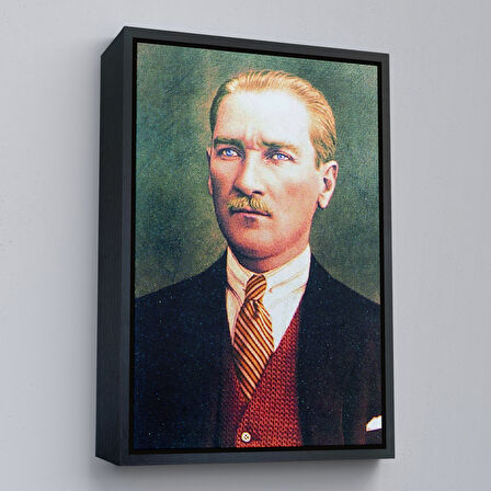 Siyah Çerçeveli Atatürk Portre Tablosu Mustafa Kemal Atatürk Dikdörtgen Dekoratif Kanvas Tablo