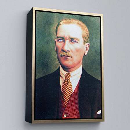 Siyah Çerçeveli Atatürk Portre Tablosu Mustafa Kemal Atatürk Dikdörtgen Dekoratif Kanvas Tablo