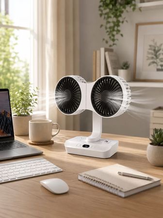 Ayarlanabilir Çift Fan Başlıklı Şarjlı Masa Vantilatörü