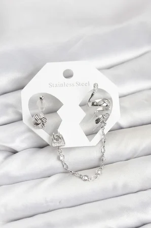 Pirinç Gümüş Renk Yılan Model Zincir Bağlantılı Ear Cuff Küpe Seti 5886