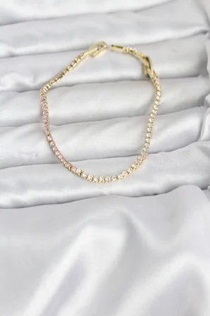 Pembe ve Beyaz Zirkon Taşlı Gold Renk Su Yolu Kadın Bileklik 5886