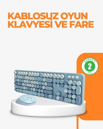 Kablosuz Retro Klavye ve Mouse Seti – 104 Tuşlu Sevimli Tasarım