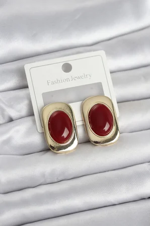 Bordo Renk Kare Model Vintage Kadın Küpe 5886