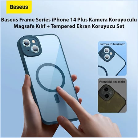 Frame Series iPhone 14 Plus 6.7 Kamera Koruyuculu Magsafe Kılıf + Tempered Ekran Koruyucu Set-(5775)