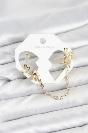 Kelebekli Model Pirinç Gold Renk Zincir Bağlantılı Ear Cuff Küpe Seti 5886