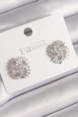 Pirinç Gümüş Renk Zirkon Taşlı Yonca Model Kadın Küpe 5886