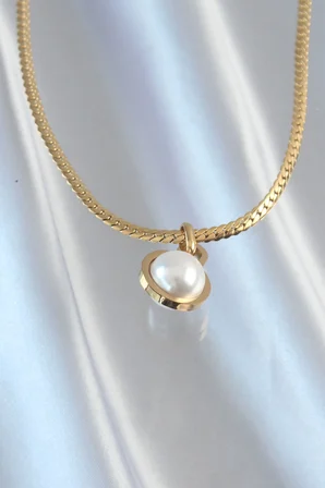 316L Çelik Gold Renk Yassı Zincir İnci Taşlı Kolye 5886