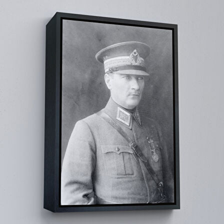 Kahverengi Çerçeveli Atatürk Portre Tablosu Mustafa Kemal Atatürk Dikdörtgen Dekoratif Kanvas Tablo