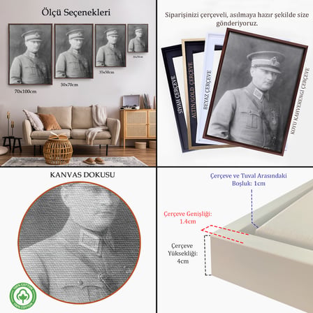 Beyaz Çerçeveli Atatürk Portre Tablosu Mustafa Kemal Atatürk Dikdörtgen Dekoratif Kanvas Tablo