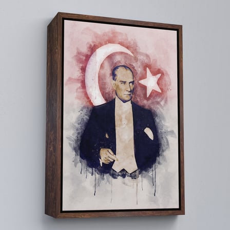 Kahverengi Çerçeveli Mustafa Kemal Atatürk ve Türk Bayrağı Suluboya Görünümlü Dekoratif Kanvas Tablo
