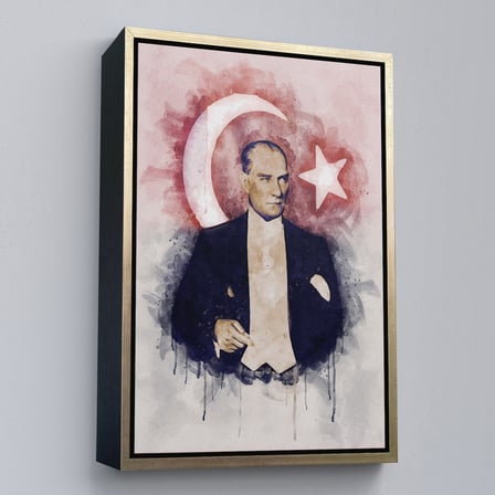 Kahverengi Çerçeveli Mustafa Kemal Atatürk ve Türk Bayrağı Suluboya Görünümlü Dekoratif Kanvas Tablo